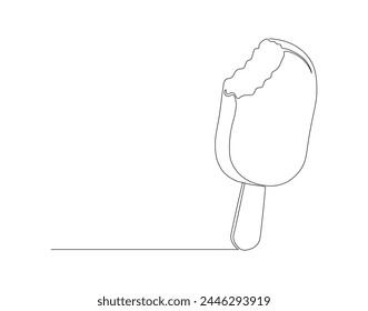 Continuous line drawing of ice cream with stick. One line of popsicle. Ice cream stick continuous line art. Dessert concept. Editable outline.


