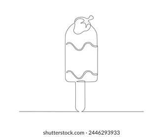 Continuous line drawing of ice cream with stick. One line of popsicle. Ice cream stick continuous line art. Dessert concept. Editable outline.


