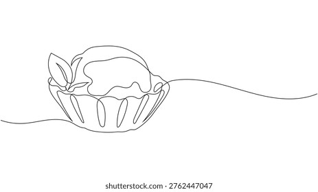 Continuous line drawing of an ice cream scoop in a scalloped bowl with mint leaves, Minimalist summer dessert illustration, Editable stroke.