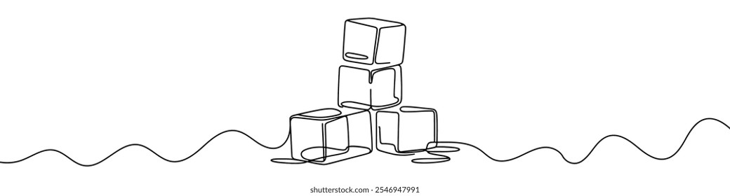 Continuous line drawing of ice cubes melting on a surface. Vector illustration.