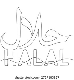  diseño de logotipo halal de icono de dibujo de línea continua. Etiqueta islámica certificada para alimentos, bebidas y productos aprobados. Vector blanco y negro para restaurantes halal y packaging.