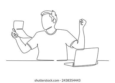 Continuous line drawing icon of Salary Payment, employee or workers are happy receive a monthly salary, people calculating money, active income, flat vector modern illustration 