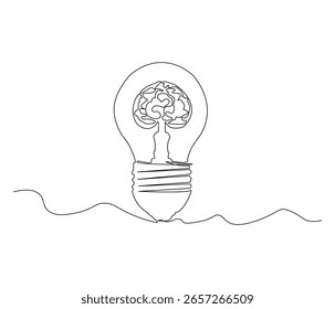 Continuous line drawing of Idea. Single line illustration of Brain inside the lamp. idea, Idea concept. Editable outline