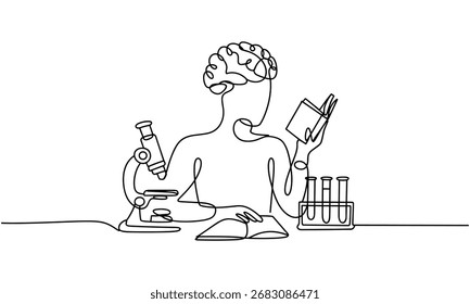 Um desenho de linha contínua ilustra uma pessoa com um cérebro para uma cabeça, lendo um livro aberto ao lado de equipamentos de laboratório.