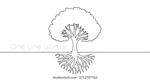 Un dibujo de línea continua ilustra un árbol estilizado La Imagen presenta un dosel completo, un tronco robusto y un intrincado sistema de raíces, presentado en blanco y negro