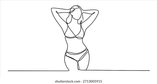 A continuous line drawing illustrating a beautiful woman posing in a bikini on a white background. Vector, illustration