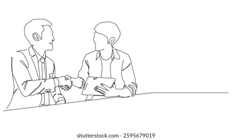 A continuous line drawing illustrating a business deal. Two professionals shake hands over a table, one holding a tablet, symbolizing modern business agreements, technology, and successful 