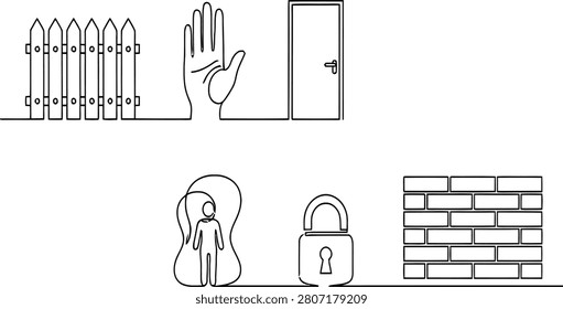 Continuous line drawing illustrating concepts of security protection and personal boundaries