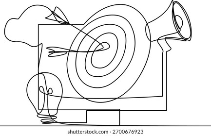 Un dibujo de línea continua que ilustra conceptos de marketing digital y estrategia de negocios, con un monitor de computadora, un objetivo con una flecha, un megáfono, una bombilla y una nube.
