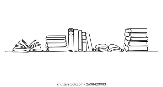 Continuous line drawing illustrating education, knowledge, and learning with a collection of stacked and open books, minimalist vector art on white.