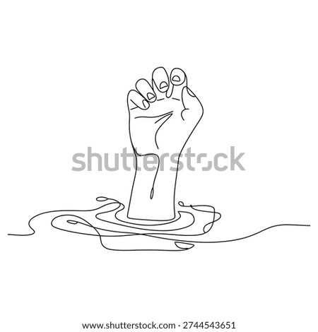 Continuous line drawing illustrating a hand reaching out from rippling water, symbolizing struggle, help, and desperate need for support or rescue.