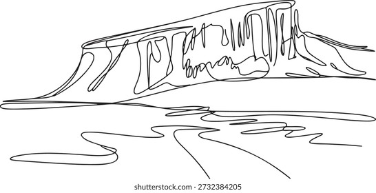 Continuous line drawing illustrating massive plateau mountain structure in flat open terrain a remote natural landmark minimalist sketch