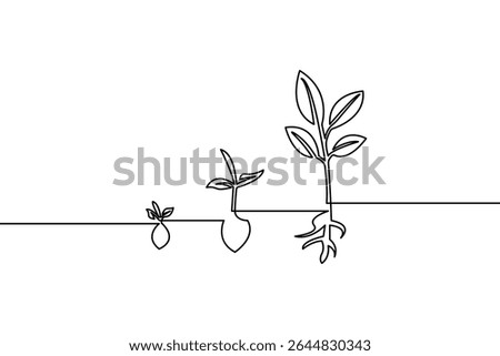 Continuous line drawing illustrating plant growth and development showing stages from seedling to mature plant with roots and leaves in monochrome