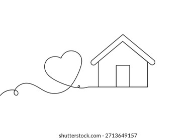 Un dibujo de línea continua que ilustra la profunda conexión entre el amor y el hogar, simbolizando la calidez y la ilustración de pertenencia