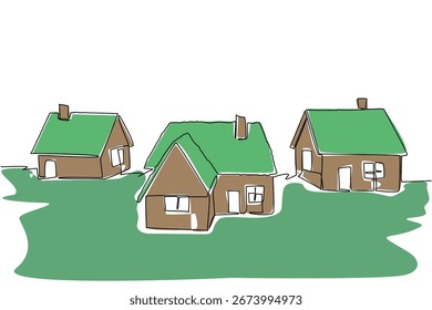 Desenho de linha contínua ilustrando três casas tradicionais com telhados verdes sustentáveis, enfatizando a vida ecológica e a arquitetura para o Dia Mundial do Telhado Verde, conceito de arquitetura.