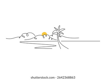 continuous line drawing illustrating a tropical scene with a setting or rising sun near a leaning palm tree, abstract, wavy clouds in the sky