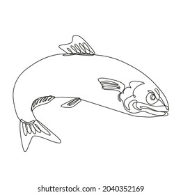 Continuous line drawing illustration of an angry Atlantic herring sardine fish jumping done in mono line or doodle style in black and white on isolated background.