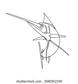 Continuous line drawing illustration of an angry Atlantic blue marlin jumping up done in mono line or doodle style in black and white on isolated background.