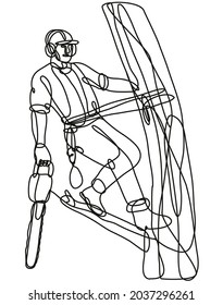 Continuous line drawing illustration of an arborist or tree surgeon climbing tree with chainsaw done in mono line or doodle style in black and white on isolated background.