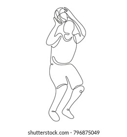 Continuous line drawing illustration of a basketball player shooting ball in free throw viewed from front done in sketch or doodle style. 