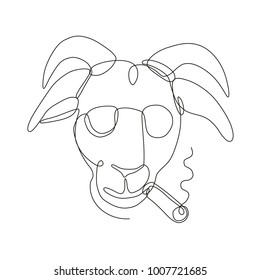 Continuous line drawing illustration of a bill goat wearing sunglasses and smoking a cigar viewed from front done in sketch or doodle style. 