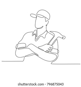 Continuous line drawing illustration of a builder, carpenter or construction worker arms crossed with hammer done in sketch or doodle style. 