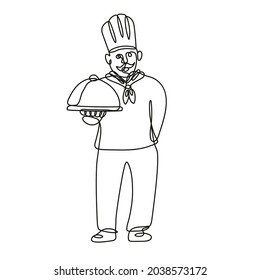 Continuous line drawing illustration of a chef, cook or baker holding a platter front view done in mono line or doodle style in black and white on isolated background.