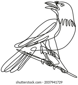 Continuous line drawing illustration of a common raven perching on branch done in mono line or doodle style in black and white on isolated background.