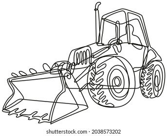 Continuous line drawing illustration of a country tractor digger with bucket front loader done in mono line or doodle style in black and white on isolated background.