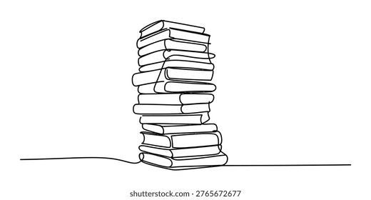 A continuous line drawing illustration depicting a stacked pile of hardcover books on a surface Vector, illustration