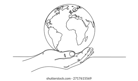 Uma ilustração de desenho de linha contínua representa uma mão suavemente carregando o globo terrestre. Esse design minimalista simboliza o cuidado ambiental, a sustentabilidade e a nossa responsabilidade de proteger o