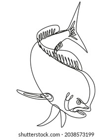 Continuous line drawing illustration of a dorado dolphin fish or mahi mahi diving down done in mono line or doodle style in black and white on isolated background.