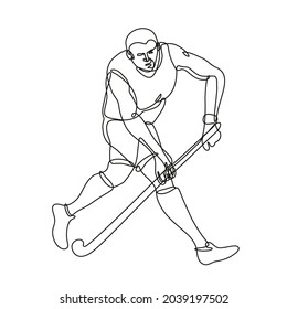 Continuous line drawing illustration field hockey running and hockey stick done in mono line doodle style in black   white isolated background 