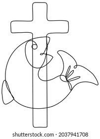 Continuous line drawing illustration of a fish and cross symbol of Christianity done in mono line or doodle style in black and white on isolated background.