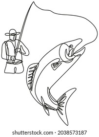 Continuous line drawing illustration of a fly fisherman catching jumping lake trout done in mono line or doodle style in black and white on isolated background.