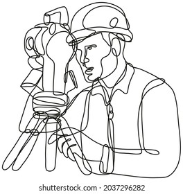 Continuous line drawing illustration of a geodetic surveyor using a theodolite done in mono line or doodle style in black and white on isolated background.