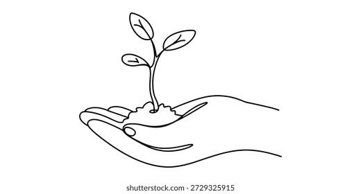 A continuous line drawing illustration of a hand holding a young plant or seedling in soil Vector, illustration