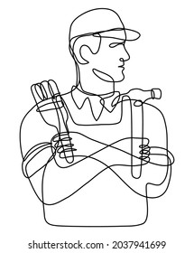 Continuous line drawing illustration of a handyman holding a hammer and paint brush with arms crossed done in mono line or doodle style in black and white on isolated background.