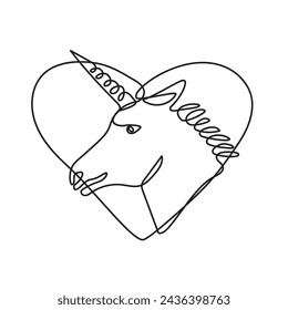 Continuous line drawing illustration of head of unicorn viewed from side set inside heart shape done in mono line or doodle style in black and white on isolated background.