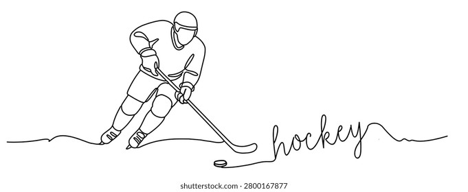 Continuous line drawing illustration of an ice hockey player with stick, puck and cursive hockey lettering. A minimal elegant sport design perfect for apparel, prints and wall art merchandise