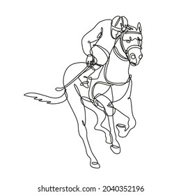 Continuous line drawing illustration of a jockey and horse racing front view inside circle done in mono line or doodle style in black and white on isolated background.