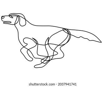 Continuous line drawing illustration of a Labrador Retriever dog running side view done in mono line or doodle style in black and white on isolated background.
