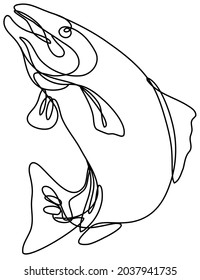 Continuous line drawing illustration of a lake trout jumping up done in mono line or doodle style in black and white on isolated background.