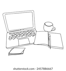Continuous line drawing. illustration of a laptop next to a coffee cup on a table. Icon vector illustration
