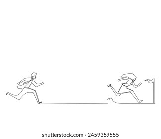 Continuous line drawing illustration of a man chasing a woman who is almost to the finish line, bussiness concept, never give up, struggling