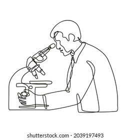 Continuous line drawing illustration of a microbiologist studying a virus with a microscope done in mono line or doodle style in black and white on isolated background.