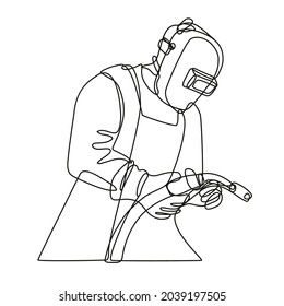 Continuous line drawing illustration of a Mig welder with visor holding welding torch done in mono line or doodle style in black and white on isolated background.