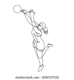 Ilustración de dibujo de línea continua de un jugador de netball Rebotando y capturando la bola realizada en estilo mono-línea o doodle en blanco y negro sobre fondo aislado.