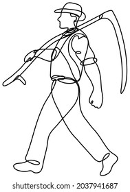 Continuous line drawing illustration of an organic wheat farmer with scythe walking side view done in mono line or doodle style in black and white on isolated background.
