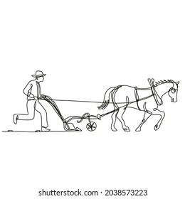 Continuous line drawing illustration of an organic farmer and horse plowing field side view done in mono line or doodle style in black and white on isolated background.